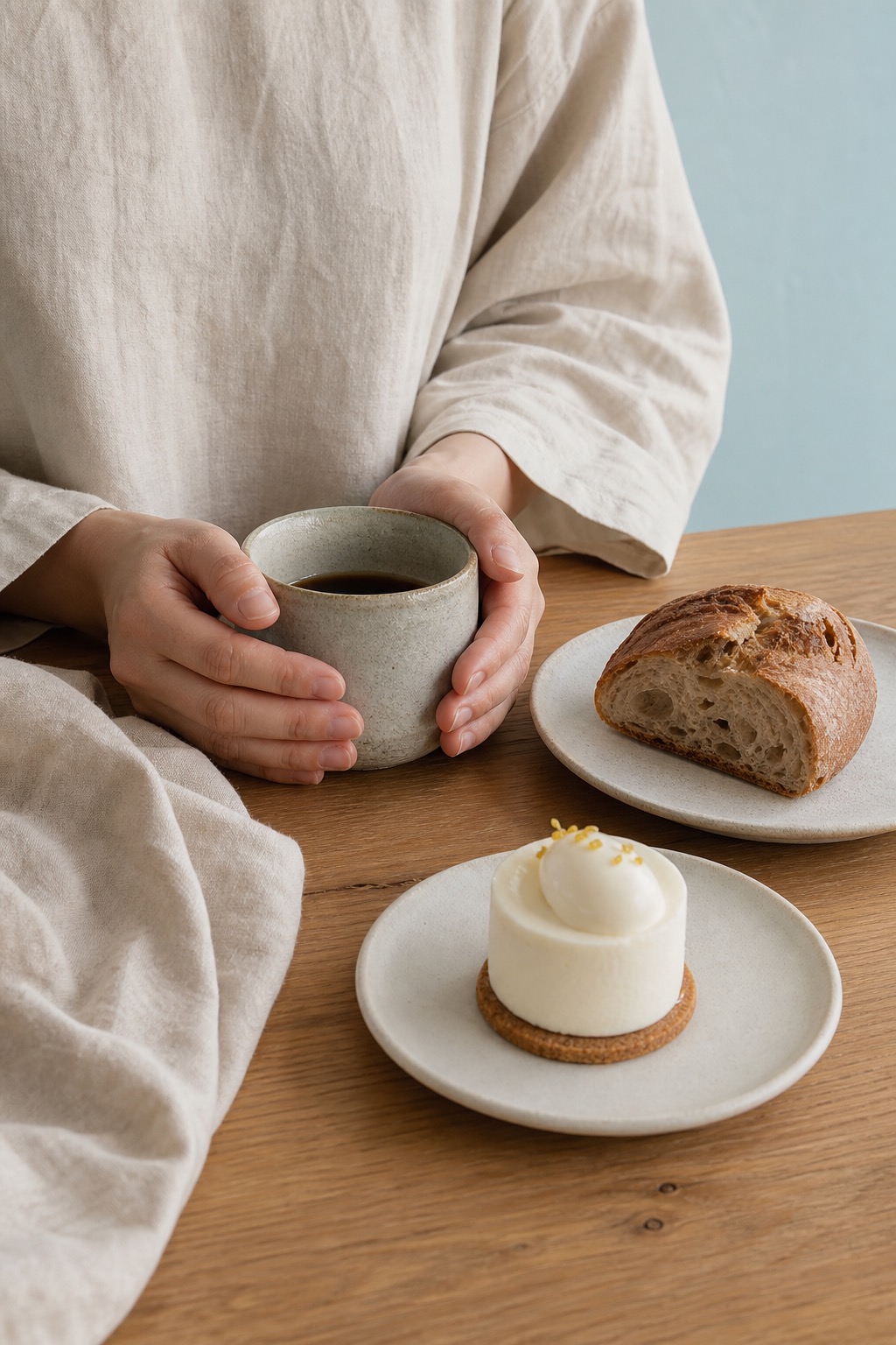 コーヒーとパンと小さなケーキを楽しむ手元
