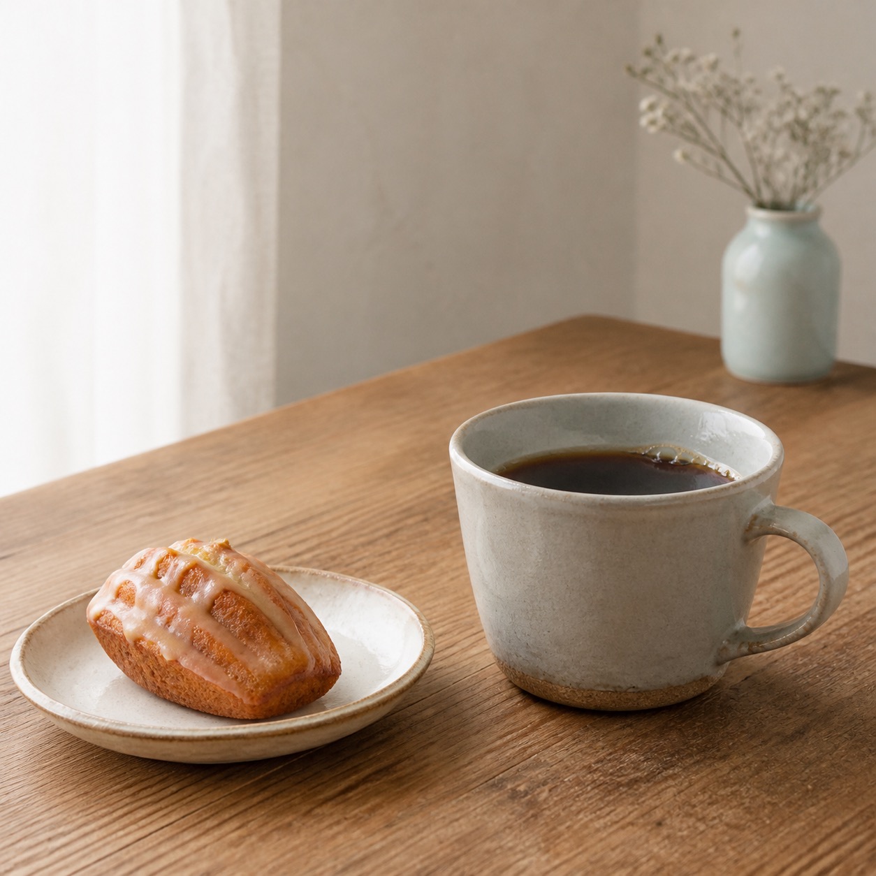 陶器カップのコーヒーと小さな焼き菓子